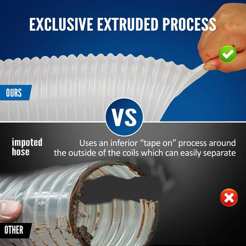 Comparison of exclusive extruded Heavy PVC 4 Inch By 50 Foot Clear Dust Collection Hose with inferior taped-on hose