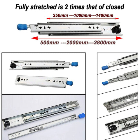 Heavy Duty Slick Glide Full Extension Drawer Slides With Secure Locking Feature For Cabinets And Dressers Featuring Built Tough Reliability In 500Mm, showing different lengths and components.