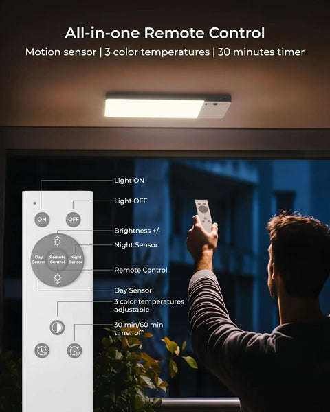 Person using remote to control Rechargeable Motion Sensor Ceiling Light With 12000mAh Battery USB C Charge Remote Control No Brainer LED Ceiling Lamp For Bathroom Pantry Garage Bright Energy Saving Lighting Solution
