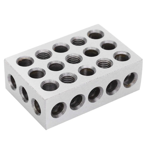 Close-up of Pro Grade 1 2 3 Block Set With 23 Holes For Ultra Precision Machining Finishing Clamping And Fixturing Heavy Duty Tool Steel Construction