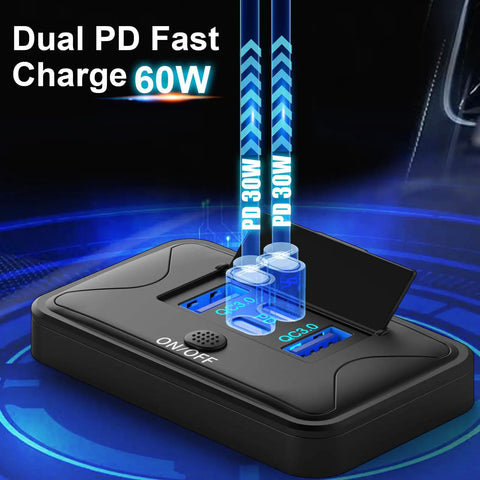 Close-up of Two Pack 78W 4 Port 12V USB Wall Mount Charger Panel, featuring dual PD 30W ports and dual QC 18W ports with button switch.