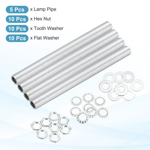Heavy Duty 35 Piece 5.1 Inch Lamp Pipe Kit With Hex Nuts And Tooth Washers Rock Solid Carbon Steel Fastener Assortment components laid out