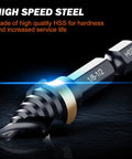 Close-up of Durable Spiral Flute Step Drill Bit Set, DIY Friendly, 4 Piece HSS Unibit Range from 1/8 to 5/8 Inch, detailed view of flute.