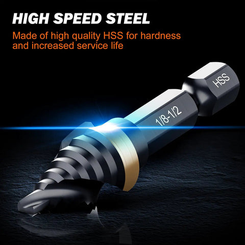 Close-up of Durable Spiral Flute Step Drill Bit Set, DIY Friendly, 4 Piece HSS Unibit Range from 1/8 to 5/8 Inch, detailed view of flute.