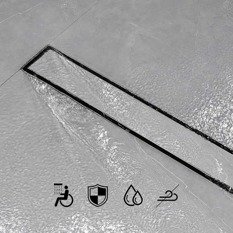 32 Inch Linear Shower Drain With Tiled Insert, 304 Stainless Steel Brushed Finish, 2 Inch Outlet, installed in tiled shower floor.