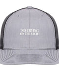 Front view of Vintage Heather Grey Trucker Hat For Women with 'No Crying on the Yacht' text, mesh back, adjustable buckle.