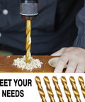 GMTOOLS 99-pc titanium-coated HSS twist drill bit set; bit in use drilling wood with sawdust