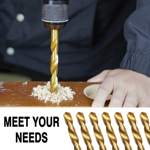 GMTOOLS 99-pc titanium-coated HSS twist drill bit set; bit in use drilling wood with sawdust