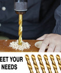 Person using 230 Piece Drill Bit Set With 135 Degree Titanium Coated High Speed Steel Twist Bits for wood drilling