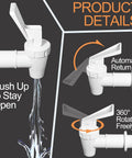 Pick Up Two White Replacement Cooler Faucets With Lock Nuts And Washers Easy Swap Water Dispenser Tap showing automatic return and 360° rotation.