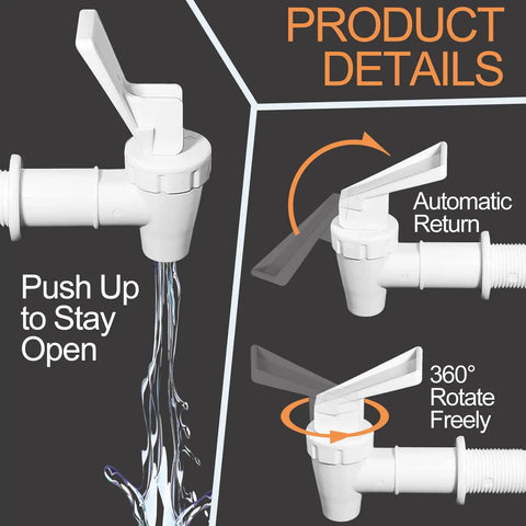 Pick Up Two White Replacement Cooler Faucets With Lock Nuts And Washers Easy Swap Water Dispenser Tap showing automatic return and 360° rotation.