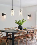 Modern Black Farmhouse Pendant Light With Glass Shade Industrial Style Hanging Light Fixture in dining room setting