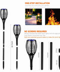 Product diagram of Cool Multicolor Solar Torch Lights Waterproof Outdoor Path Lighting With Dancing Flame Effect 7 Color LED Modes Dusk To Dawn Auto On Off Landscape Yard Garden Driveway 4 Pack, showing installation steps and components.