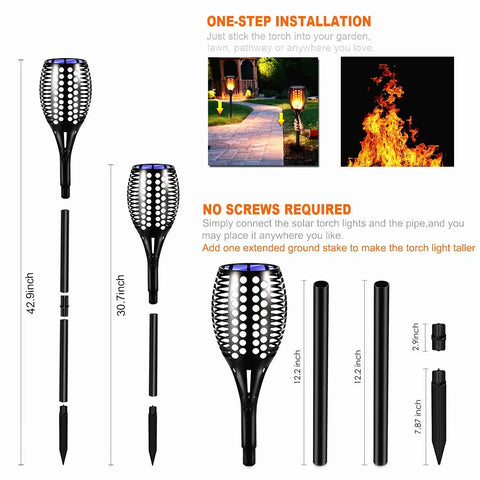 Product diagram of Cool Multicolor Solar Torch Lights Waterproof Outdoor Path Lighting With Dancing Flame Effect 7 Color LED Modes Dusk To Dawn Auto On Off Landscape Yard Garden Driveway 4 Pack, showing installation steps and components.