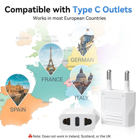Map with Type C outlets locations and US To Europe Travel Plug Adapters Pack, Type C Pin European Outlet Converter Schuko Compatible.