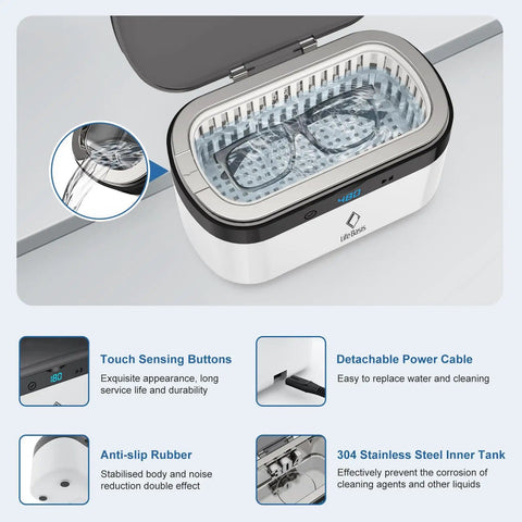Ultrasonic Jewelry Cleaner Portable 500ML Deep Cleaning At 42kHz With Stainless Steel Tank, showing eyeglasses inside with control panel.