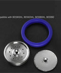 Kick Your Espresso Game Up With This Top Shelf Group Head Shower Screen Seal For Dual Boiler Oracle Touch Espresso Machines BES900XL BES920XL BES980XL BES990 showing stainless steel brewing head, purple seal ring, shower screen mesh.