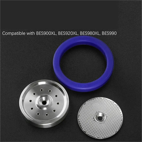 Kick Your Espresso Game Up With This Top Shelf Group Head Shower Screen Seal For Dual Boiler Oracle Touch Espresso Machines BES900XL BES920XL BES980XL BES990 showing stainless steel brewing head, purple seal ring, shower screen mesh.