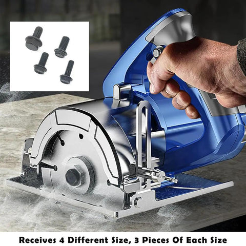 Built Tough 12 Piece Reverse Thread Screws Left Hand Hex Flange Bolts M6 M7 M8 Allen Head Fasteners attached to a circular saw.