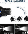 Diagram showing 90° adjustable angle and zoom of Ultra Bright 8000 Lumens Headlamp With Rechargeable Micro USB, Waterproof LED Work Light.
