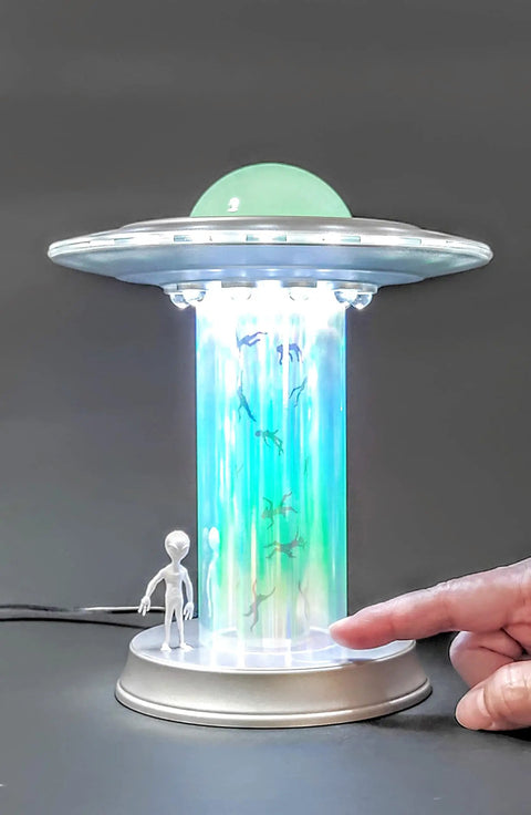UFO Abduction LED Lamp With Tiny People Figures, silver UFO with glowing tractor beam, touch control, sci-fi desk decor