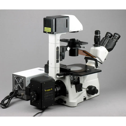 Inverted Microscope With Phase Contrast And Fluorescence 40X To 1200X Magnification Mercury Lamp Illumination Trinocular Head Siedentopf Binocular Mount Plan High Eyepoint Widefield Eyepieces Ideal For Biology Buffs And Materials Analysis, side view