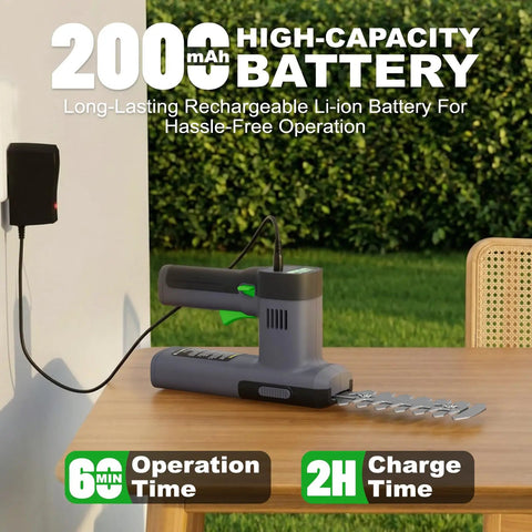 12V Cordless Grass Shear And Hedge Trimmer 2 In 1 Handheld Electric Shrub Cutter with charger on table, outdoor setting