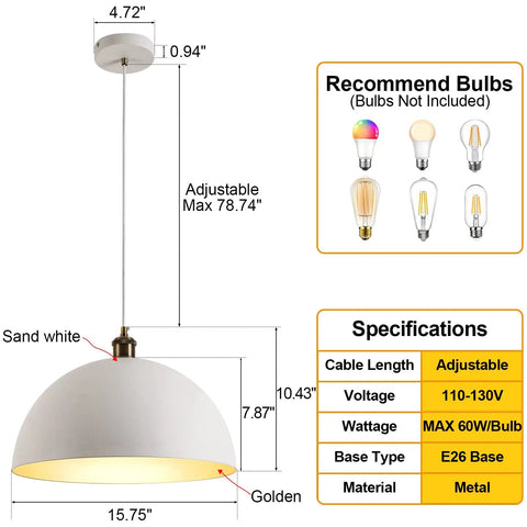 Retro Modern Industrial Chandelier With Matte White Exterior And Brass Gold Interior Dope Lighting Fixture 15.74 Inch Diameter And 10.23 Inch Height Ideal For Kitchen Island Dining Room Or Bedroom, showing specifications.