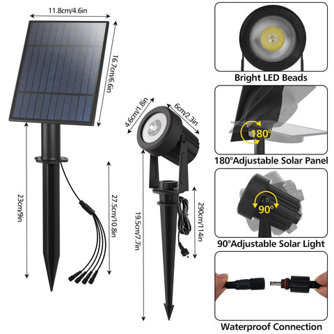 Diagram of 4 In 1 Solar Spotlight Outdoor Waterproof Landscape Lights with dimensions and waterproof connection details