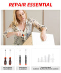 Woman using screwdriver, included in All In One 14 Piece Home And Auto Repair Tool Set With Hammer, Pliers, Tape Measure, and Toolbox Case.