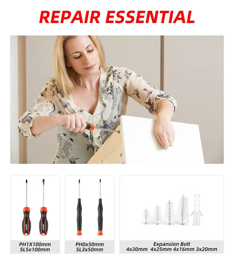 Woman using screwdriver, included in All In One 14 Piece Home And Auto Repair Tool Set With Hammer, Pliers, Tape Measure, and Toolbox Case.