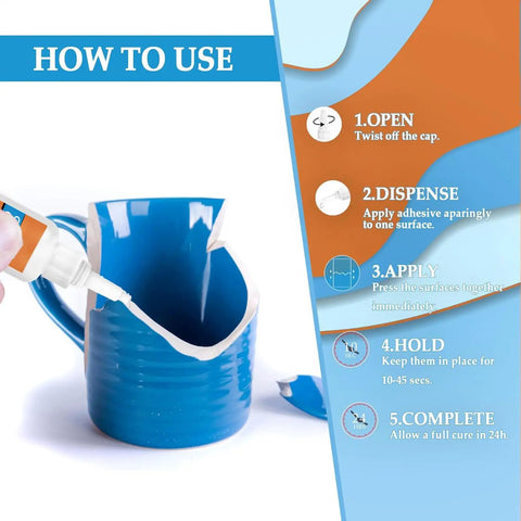 Fast Drying Ceramic Glue Adhesive For Porcelain And Tile Repairs used to fix a broken blue mug, steps to apply shown