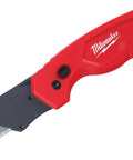 FASTBACK Compact Flip Utility Knife With Tool Free Blade Change One Handed Opening Quick Blade Access Accepts Standard Blades Lightweight Slick Design Belt Clip For Easy Carry, red handle open