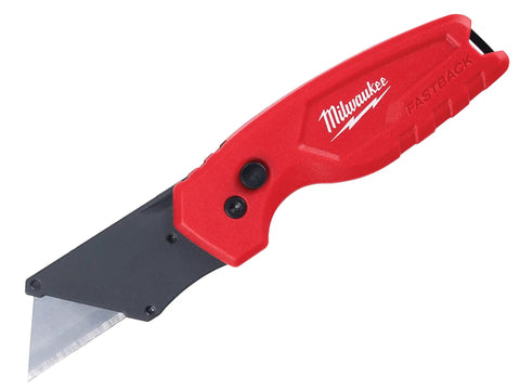FASTBACK Compact Flip Utility Knife With Tool Free Blade Change One Handed Opening Quick Blade Access Accepts Standard Blades Lightweight Slick Design Belt Clip For Easy Carry, red handle open