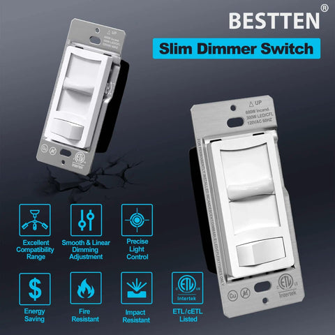 Front view of Ultra Slim Dimmable Light Switch Six Pack for LED CFL Halogen and Incandescent Bulbs Single Pole or 3 Way ETL Listed