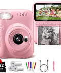 Instant Print Camera For Kids With Three Inch HD Screen 32MP Photos And 1080P Video Built In Flash Filters And Frames Time Lapse Burst Shot MP3 Music Player And Fun Modes For Creative Young Photographers, pink front view with prints