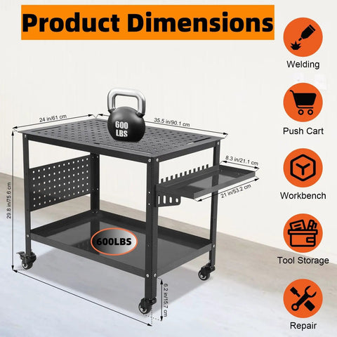 Hella Sturdy Steel Welding Workbench Table With Roll Away Casters And Side Tool Tray 36 X 24 Inch product dimensions with weight capacity.