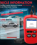 Red AL329 OBDII Code Reader Scanner displaying vehicle information and data interface, compatible with 1996 and newer cars.