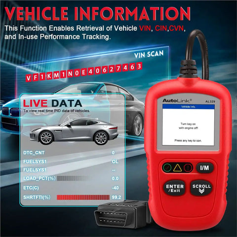 Red AL329 OBDII Code Reader Scanner displaying vehicle information and data interface, compatible with 1996 and newer cars.