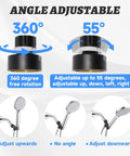 Heavy Duty Handheld Shower Head Holder Mount With Adjustable Arm And Brass Swivel Ball Joint, Premium ABS Bracket, Black Finish, No Fuss Install, Built To Handle High Water Pressure And Securely Connect Hose And Arm. Angle-adjustable shower holder with 360° rotation and 55° tilt.