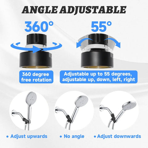 Heavy Duty Handheld Shower Head Holder Mount With Adjustable Arm And Brass Swivel Ball Joint, Premium ABS Bracket, Black Finish, No Fuss Install, Built To Handle High Water Pressure And Securely Connect Hose And Arm. Angle-adjustable shower holder with 360° rotation and 55° tilt.
