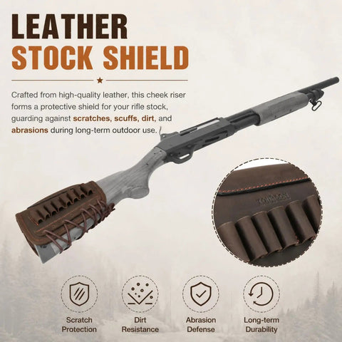 Adjustable Cheek Riser Rifle Stock Pad with Leather Protection and Eight-Round Ammo Holder on rifle