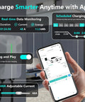 Smartphone app interface for Level 2 Home EV Charger 48 Amp 240V With J1772 Connector and NEMA 14 50 Plug In Option or Hardwired 25 Ft Cable IP65 Waterproof.