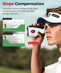 Golfer using Golf Rangefinder With Slope, 1200-Yard Laser, 7X Magnification, explaining slope compensation, flag pole lock details visible.