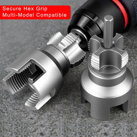 Heavy Duty PVC Pipe Threading Tool Kit For 1/2 And 3/4 Inch Lines Cut Internal External Threads Fast With Standard Drill showing secure hex grip design.