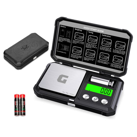 Pocket Digital Gram Scale 300 G Capacity With Zero Point Zero One G Increments Mini High Precision Jewelry Scale open view, case, batteries.