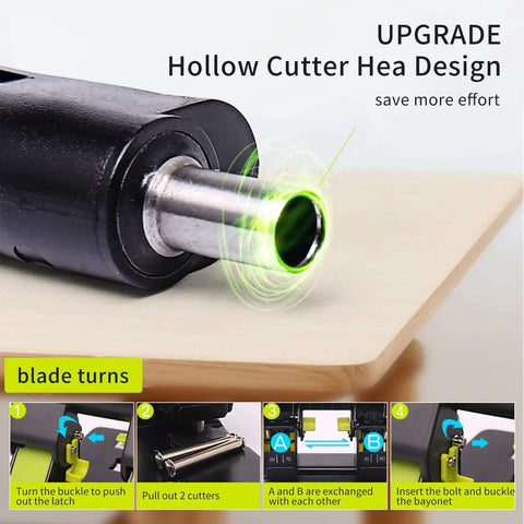 Close-up of 2 Hole Paper Punch With Adjustable 70Mm Or 80Mm Spacing And 6Mm Hole showing hollow cutter head design and assembly steps.