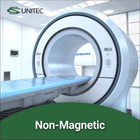 Non-magnetic medical imaging equipment in sterile room with logo displayed at top left corner.