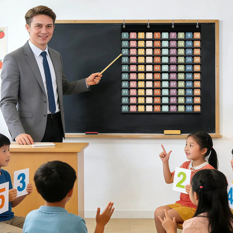 Teacher using Boho Hundred Pocket Chart with 100 pockets and 150 double-sided number cards in classroom.