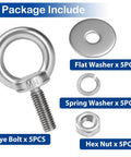 Package showing Built Tough 5 Pack M8 Stainless Steel Eye Bolts With Nuts And Washers, 1 Inch Thread Length, for Rigging and Anchoring